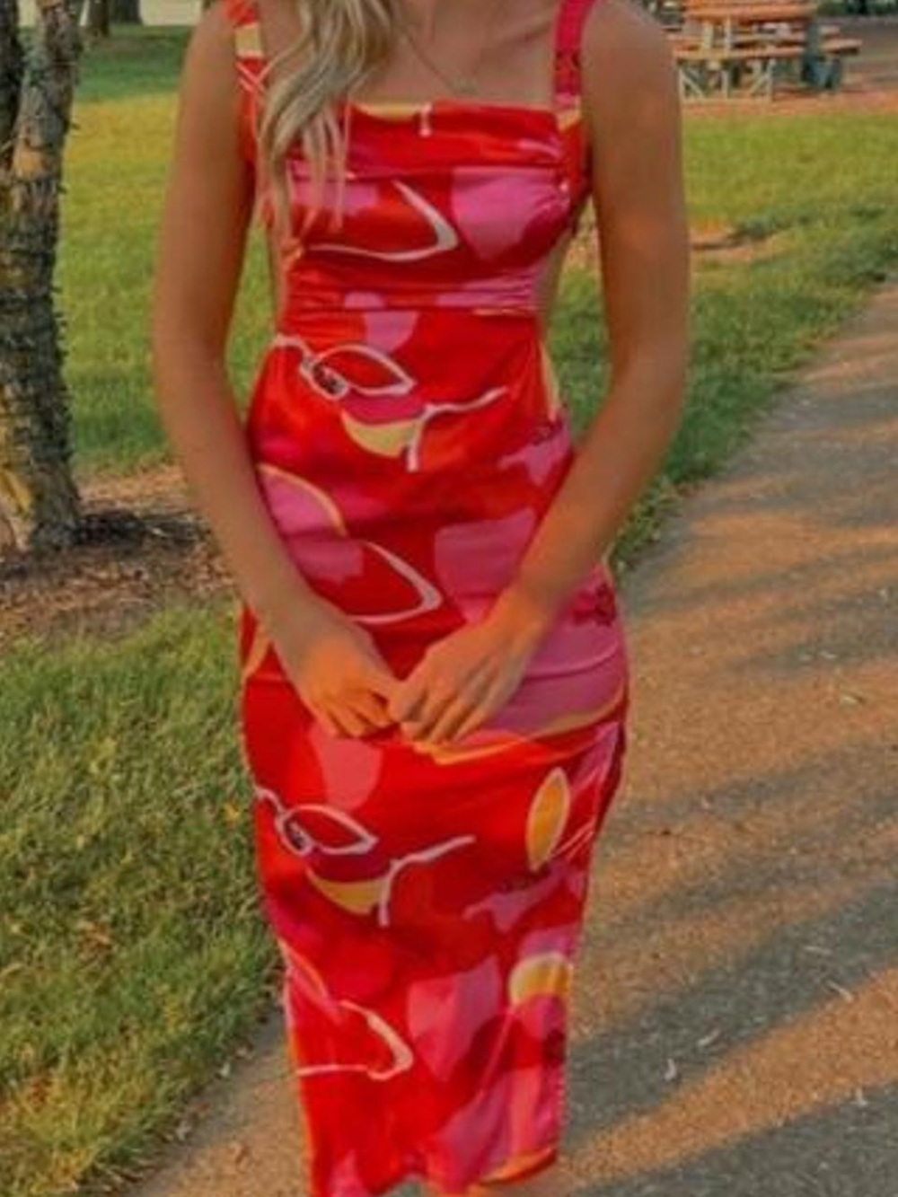 Red Satin Print Slip Dress